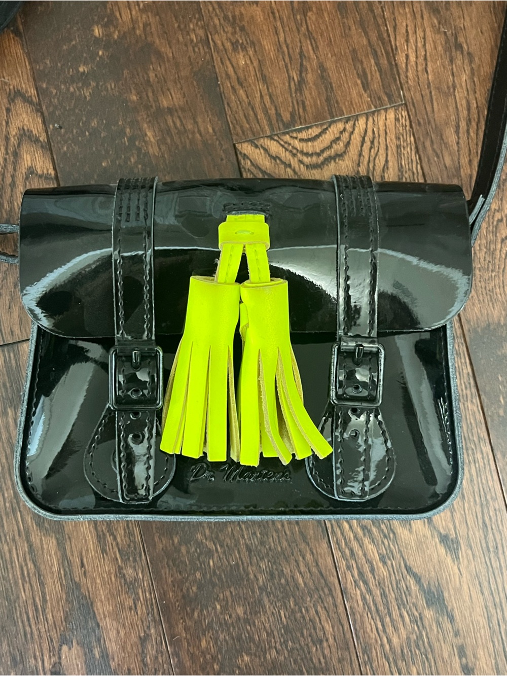 Dr Martens Black Patent Crossbody Bag with Neon Yellow Tassel - Picture 3 of 13